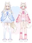  2girls absurdres alonekm alternate_costume alternate_hairstyle animal_ears arms_at_sides babydoll bandaid bandaid_on_knee bandaid_on_leg blonde_hair bloomers blue_eyes blue_jacket blue_ribbon blue_streaks blush breasts character_mask choker closed_mouth commentary crossed_bandaids design_speculation dog_ears dog_girl dog_tail double-parted_bangs double_bun empire_waist frilled_bloomers frilled_choker frills fuwawa_abyssgard hair_bun hair_ornament highres hololive hololive_english jacket jacket_partially_removed large_breasts leg_ribbon long_hair long_sleeves looking_at_viewer loose_socks loungewear mask mask_on_head matching_outfits mococo_abyssgard multicolored_hair multiple_girls navel neck_ribbon one_side_up perroccino_(fuwamoco) pink_babydoll pink_eyes pink_jacket pink_socks pink_streaks ribbon see-through_babydoll see-through_clothes see-through_midriff see-through_silhouette see-through_sleeves short_hair siblings sisters sleep_mask sleepwear sleeves_past_fingers sleeves_past_wrists smile socks star_(symbol) star_hair_ornament straight-on streaked_hair tail thigh_ribbon thighhighs twins two_side_up untranslatable_commentary virtual_youtuber white_babydoll white_bloomers white_choker white_nails white_thighhighs 