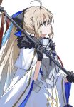  1girl aesc_(fate) aesc_(savior)_(fate) ahoge armor armored_dress black_bow black_fur black_gloves blonde_hair blue_bow blue_eyes blue_hair bow breastplate cape chain chest_bow cloak commentary_request dress fate/grand_order fate_(series) fur-trimmed_cloak fur_trim gloves gold_trim hair_bow highres holding holding_staff long_hair looking_up multicolored_cloak multicolored_hair ponytail sidelocks solo spiked_armor spikes staff streaked_hair syst098 two-sided_bow white_background white_cape white_cloak 