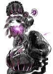  1girl anger_vein bioluminescence black_bonnet black_corset black_dress black_eyes black_hair blunt_bangs blunt_ends bonnet bow breasts cleavage_cutout clothing_cutout commentary corset dress earrings elbow_gloves flower frilled_bonnet frills gloves glowing godzilla godzilla_(series) godzilla_(shin) gothic_lolita hat hat_flower hat_ribbon high_collar highres incoming_attack jewelry juliet_sleeves kaiju large_breasts lolita_fashion long_sleeves mn90047517 mouth_beam open_mouth personification puffy_sleeves ribbon scene_reference sharp_teeth shin_godzilla short_hair signature speech_bubble spoken_anger_vein standing tail teeth untranslatable_commentary upper_body white_background 