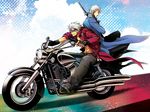  artist_request brothers dante_(devil_may_cry) devil_may_cry devil_may_cry_3 gloves goggles ground_vehicle highres katana looking_back male_focus motor_vehicle motorcycle multiple_boys shirtless siblings sword twins vergil weapon white_hair 