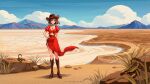  1girl animal arm_at_side artist_name blue_sky boots breasts brown_boots brown_hair brown_hat cleavage closed_mouth cloud commentary commission cowboy_hat cropped_shirt day desert earrings floating_clothes full_body hand_on_own_hip hat highres hoop_earrings huhv. jewelry landscape large_breasts looking_at_viewer mountainous_horizon necklace original outdoors parted_bangs pixiv_commission polka_dot polka_dot_shirt red_shirt red_skirt scenery scorpion shirt short_hair short_sleeves side_slit skirt sky smile solo standing 