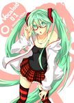  absurdres bad_id bad_pixiv_id glasses green_eyes green_hair hatsune_miku highres jewelry kocchi_muite_baby_(vocaloid) long_hair nasuko natural_(module) necklace open_mouth project_diva_(series) project_diva_2nd skirt solo striped striped_legwear thighhighs twintails very_long_hair vocaloid 