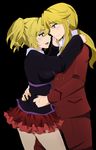  1girl aidmoon androgynous blonde_hair highres hug ponytail siblings skirt umineko_no_naku_koro_ni ushiromiya_jessica ushiromiya_lion 