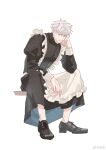  1boy alternate_costume apron aqua_eyes black_dress black_shoes closed_mouth crossdressing crossdressing_(mtf) dress eyes_visible_through_hair frilled_apron frills gojou_satoru hair_over_eyes hashtag-only_commentary highres jujutsu_kaisen long_sleeves looking_at_viewer maid maid_apron male_focus male_maid shoes short_hair simple_background watermark weibo_watermark white_apron white_background white_hair zhishuo418 
