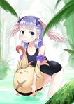  bare_shoulders blue_eyes blue_hair blush bow curly_hair hair_bow head_wings kishida_mel_(style) leaning_forward long_hair melia one-piece_swimsuit riki_(xenoblade) scar school_swimsuit solo swimsuit u_(the_unko) wading water xenoblade_(series) xenoblade_1 
