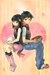  1girl back-to-back boots couple diamond_(pokemon) hat hat_removed headwear_removed heart hetero hikari_(pokemon) holding holding_hat kouki_(pokemon) pink_footwear platinum_berlitz pokemon pokemon_special tachiuo_(arines) 