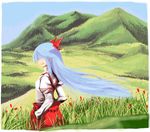  field flower fujiwara_no_mokou hair_over_eyes hands_in_pockets landscape long_hair mountain nature solo touhou tsukino wind 