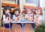  absurdres black_eyes black_hair bow brown_eyes cafe cake detexted drink drinking feeding flower food force_feeding fruit green_eyes hair_bow hair_flower hair_ornament highres koganei_chousuke long_hair looking_at_viewer misaka_mikoto multiple_girls non-web_source official_art open_mouth sakugawa_school_uniform saten_ruiko school_uniform serafuku shirai_kuroko short_hair skirt strawberry sweatdrop table third-party_edit to_aru_kagaku_no_railgun to_aru_majutsu_no_index tokiwadai_school_uniform twintails uiharu_kazari 