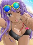  ;p bakemonogatari beach bent_over bikini black_bikini blue_eyes breasts cleavage dark_skin day eyewear_on_head hand_on_hip kofun large_breasts lens_flare long_hair monogatari_(series) one_eye_closed purple_hair senjougahara_hitagi shiny shiny_skin sun_tattoo sunglasses swimsuit tan tanline thigh_gap tongue tongue_out 