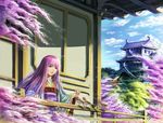  architecture bad_id bad_pixiv_id bird castle cctv008008 cherry_blossoms copyright_request east_asian_architecture green_eyes japanese_clothes long_hair purple_hair solo tree 