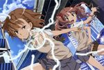  biribiri bow brown_eyes brown_hair city cloud coin day hair_bow hair_ornament hairclip highres long_hair misaka_mikoto multiple_girls non-web_source official_art open_mouth school_uniform shirai_kuroko short_hair sky smile to_aru_kagaku_no_railgun to_aru_majutsu_no_index twintails 