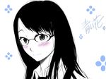  aoi_hana blush copyright_name glasses houtou_musuko long_hair manjoume_fumi monochrome smile solo spot_color 