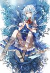  blue blue_eyes blue_hair bow cirno dress flower hair_bow highres legs shoes short_hair single_shoe socks solo susu touhou wings 