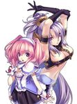  agarest_senki_(series) agarest_senki_2 armband arms_up back-to-back bdsm belt beltbra blush bondage bound bow breasts capelet chain chair cleavage collar crop_top detached_sleeves dress elbow_gloves elf eva_(agarest_senki) fiona_(agarest_senki) flat_chest frills gloves hair_ornament hairband hirano_katsuyuki large_breasts leash long_hair midriff multiple_girls official_art open_mouth pink_hair pointy_ears ponytail purple_eyes purple_hair ribbon short_dress silver_hair simple_background slave standing strap twintails very_long_hair 