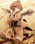  alternate_costume azuma_aya black_hair black_legwear black_wings blush brown_eyes expressionless glaring hand_on_thigh hat in_tree kiseru looking_at_viewer obi pipe sash sepia shameimaru_aya sitting sitting_in_tree solo thighhighs tokin_hat touhou tree wings zettai_ryouiki 