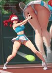  1girl alternate_costume aqua_sports_bra ass ball bent_over bluesky_username breasts cleavage closed_mouth commentary day glasses knees long_hair lorelei_(pokemon) multiple_views outdoors outline panties patreon_username pokemon pokemon_lgpe ponytail racket red_eyes red_hair roncostar shoes sidelocks skirt smile sneakers socks sports_bra tennis tennis_ball tennis_racket twitter_username underwear visor_cap watermark web_address white_panties white_shoes white_skirt white_socks zipper_pull_tab 
