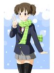  absurdres bad_id bad_pixiv_id brown_eyes brown_hair highres k-on! niwatazumi plaid plaid_scarf scarf school_uniform short_hair short_twintails smile solo suzuki_jun thighhighs twintails v zettai_ryouiki 