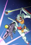  1980s_(style) artist_request battle beam_cannon beam_rifle bit_(gundam) duel earth_federation elmeth energy_beam energy_gun firing gundam highres holding holding_weapon mecha mecha_focus mobile_suit mobile_suit_gundam muzzle_flash no_humans retro_artstyle robot rx-78-2_gundam scene_reference science_fiction scope shield signature space star_(sky) thrusters v-fin weapon yellow_eyes zeon zero_gravity 