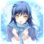  blue_hair clenched_hands long_hair looking_at_viewer nurarihyon_no_mago ringed_eyes scarf smile snowflakes solo striped striped_scarf wakatsuki_sana yellow_eyes yuki_onna_(nurarihyon_no_mago) 