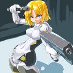  aiming_at_viewer arnval blonde_hair blue_eyes busou_shinki dd_(ijigendd) doll_joints gun holding holding_gun holding_weapon mecha_musume short_hair simple_background solo weapon 