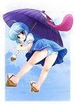  ass bad_id bad_pixiv_id blue_eyes blue_hair full_body geta heterochromia karakasa_obake marugoshi_(54burger) panties purple_umbrella red_eyes short_hair solo striped striped_panties tatara_kogasa tongue touhou umbrella underwear upskirt 