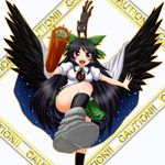  arm_cannon black_hair bow cape eyes green_bow hair_bow kaenbyou_rin kaenbyou_rin_(cat) long_hair red_eyes reiuji_utsuho sebasu solo touhou weapon wings 