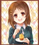  brown_eyes brown_hair cupcake food fork head_tilt highres hirasawa_yui k-on! palepale saucer school_uniform short_hair solo 
