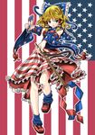  alternate_color alternate_hair_color america american_flag american_flag_dress american_miko belt between_fingers blonde_hair blue_legwear blue_sleeves bow commentary_request detached_sleeves flag flag_background flag_print frilled_shirt_collar frilled_skirt frills gohei green_eyes hair_bow hakurei_reimu highres holding loafers loose_socks mary_janes navel necktie nontraditional_miko nose_shade ofuda pigeon-toed print_bow print_neckwear print_sleeves r0g0b0 red_footwear ribbon-trimmed_skirt ribbon-trimmed_sleeves ribbon_trim shoes short_hair skirt socks solo star star_print striped striped_skirt touhou 