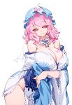  1girl arm_under_breasts bare_shoulders blue_hat blue_kimono blue_sash breast_tattoo breasts cleavage closed_mouth collarbone commentary frilled_kimono frills hair_between_eyes hat highres japanese_clothes kimono large_breasts looking_at_viewer medium_hair mob_cap obi pink_eyes pink_hair raptor7 saigyouji_yuyuko sash smile solo tattoo touhou triangular_headpiece untranslatable_commentary white_background wide_sleeves 