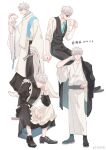  1boy alternate_costume apron aqua_eyes aqua_necktie black_dress black_shoes black_vest crossdressing crossdressing_(mtf) cup dress eyes_visible_through_hair folding_fan frilled_apron frills gojou_satoru grey_socks hair_over_eyes hakama hand_fan hashtag-only_commentary highres holding holding_cup japanese_clothes jujutsu_kaisen kariginu kimono long_sleeves maid maid_apron male_focus male_maid multiple_views necktie sandals shoes short_hair simple_background sleeves_rolled_up socks sunglasses tabi toned toned_male vest watermark weibo_watermark white_apron white_background white_hair white_kimono white_socks wide_sleeves zhishuo418 zouri 