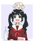  1girl animification black_hair border bottle brown_dress brown_eyes character_doll collarbone commentary_request dated doll doll_on_head dress hasu_no_sora_school_uniform highres kan_kanna kanduki_kamibukuro link!_like!_love_live! long_hair long_sleeves love_live! nameplate neckerchief osawa_rurino purple_background real_life red_neckerchief sailor_collar sailor_dress school_uniform sidelocks simple_background solo twintails virtual_youtuber voice_actor voice_actor_connection water_bottle white_border white_sailor_collar winter_uniform 