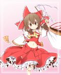  ascot bad_id bad_pixiv_id blouse blush bow brown_eyes brown_hair detached_sleeves dress frills gohei hair_bow hakurei_reimu japanese_clothes leg_lift long_hair midriff miko navel ofuda red_dress skirt smile solo standing tobi_(nekomata_homara) touhou 