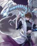  1boy absurdres blue-eyes_alternative_white_dragon blue-eyes_white_dragon blue_eyes brown_hair card coat commentary_request dragon duel_monster headset highres holding holding_card kaiba_seto korean_commentary male_focus on_(isk1812) solo vambraces white_coat yu-gi-oh! yu-gi-oh!_duel_monsters 