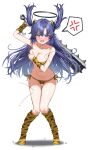  1girl alternate_costume anger_vein animal_print arm_up bikini black_halo blue_archive blush boots breasts club_(weapon) collarbone commentary_request cone_horns covering_breasts covering_privates fake_horns floating_hair full_body hair_floating_upwards hair_ornament halo hand_on_own_chest hand_up highres holding holding_club holding_weapon horns kanabou knee_boots knees_together_feet_apart kuria_(clear_trip_second) large_breasts long_hair looking_at_viewer mamemaki mechanical_halo navel oni_costume open_mouth print_bikini print_boots print_wrist_cuffs purple_eyes purple_hair setsubun simple_background solo soybean speech_bubble spoken_anger_vein standing sweat swimsuit tiger_print triangle_hair_ornament two_side_up weapon white_background wrist_cuffs yellow_bikini yellow_wrist_cuffs yuuka_(blue_archive) 