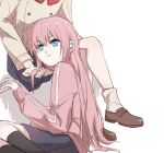  2girls black_skirt black_socks blue_eyes bocchi_the_rock! bow bowtie brown_shoes closed_mouth commentary_request gotoh_hitori hand_in_another's_hair highres kita_ikuyo loafers long_hair multiple_girls obscuremisty pink_hair pleated_skirt red_bow red_bowtie school_uniform shirt shoes shuka_high_school_uniform simple_background skirt socks white_background white_socks yellow_shirt yuri 