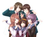  3girls asahina_mikuru brown_eyes brown_hair cardigan grey_hair grin hairband hands hands_together kaja kita_high_school_uniform koizumi_itsuki kyon lips long_hair multiple_boys multiple_girls nagato_yuki outstretched_arms ribbon school_uniform serafuku short_hair smile spread_arms suzumiya_haruhi suzumiya_haruhi_no_yuuutsu v 