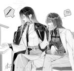  2girls ? ?? arm_wrap belt chest_harness chief_(path_to_nowhere) commentary_request confused cowboy_shot crossed_legs female_chief_(path_to_nowhere) flower greyscale hand_on_another's_chin hand_up harness highres iamthekingofegg monochrome multiple_girls neck_wrap path_to_nowhere shalom_(path_to_nowhere) sitting spoken_object spoken_question_mark watermark white_background yuri 