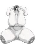  1girl absurdres amputee ariyorinoari77 ass_visible_through_thighs blood blood_from_neck blood_on_neck breasts breasts_apart collarbone commentary_request decapitation dismemberment ero_guro full_body greyscale guro highres huge_breasts leaning_forward monochrome navel nipples original paid_reward_available pussy quadruple_amputee sagging_breasts simple_background sitting solo spread_legs straight-on thick_thighs thighs uncensored white_background 