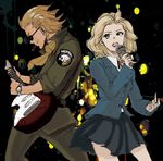  1girl blonde_hair guitar instrument kazuhira_miller metal_gear_(series) metal_gear_solid_peace_walker microphone music paz_ortega_andrade singing sunglasses 