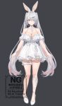  1girl absurdres animal_ear_fluff animal_ears aningay bare_shoulders breasts cleavage closed_mouth collarbone commentary_request copyright_request dress frilled_dress frills full_body grey_background grey_eyes grey_hair hair_intakes hair_ornament hair_over_one_eye hairclip highres large_breasts long_hair multicolored_hair off-shoulder_dress off_shoulder pink_hair rabbit_ears shoes simple_background smile solo standing streaked_hair twintails very_long_hair virtual_youtuber watermark white_dress white_shoes 
