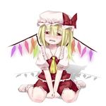  bad_id bad_pixiv_id blonde_hair crying crying_with_eyes_open fangs flandre_scarlet hat head_tilt ponytail red_eyes shadow short_hair side_ponytail simple_background sitting socks solo tears touhou tsukumizu_yuu wariza wings 