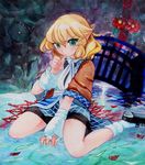  arm_warmers between_legs biting blonde_hair graphite_(medium) green_eyes hand_between_legs mizuhashi_parsee pointy_ears scarf short_hair sitting solo thumb_biting touhou traditional_media wariza water watercolor_(medium) yui_(calling_dr_love_m) 