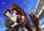  1girl 2026 :d absurdres animal black_hair black_suit breasts breasts_apart brown_horse chinese_zodiac clenched_teeth commentary_request crossed_bangs day from_below hair_between_eyes highres holding holding_rope horse horse_racing_track izumida_fuyuki large_breasts long_sleeves mouth_hold no_bra official_art open_mouth orange_eyes outdoors partially_open_shirt rope shiny_skin shirt short_hair sky smile suit teeth teeth_hold upper_body white_shirt year_of_the_horse yotaka_aoi yotaka_futatabi 