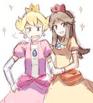  1boy 1girl :d alternate_costume blonde_hair blue_(pokemon) blue_eyes brown_eyes brown_hair commentary cosplay crossdressing crown dress earrings elbow_gloves flipped_hair gloves hand_on_hip happy jewelry long_hair mario_(series) open_mouth pearl_(pokemon) pink_dress pokemon pokemon_special princess_daisy princess_daisy_(cosplay) princess_peach princess_peach_(cosplay) smile sparkle super_mario_bros. weee_(raemz) 