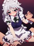  bad_id bad_pixiv_id blue_eyes blush braid clothed_sex cowgirl_position girl_on_top happy_sex hetero highres holding_hands interlocked_fingers izayoi_sakuya looking_at_viewer maid maid_headdress pov short_hair silver_hair solo_focus straddling tonbi touhou twin_braids 