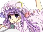  arm_support bad_id bad_pixiv_id book etou_(cherry7) hand_on_own_cheek hand_on_own_face hat legs_up looking_up lying on_stomach open_book open_mouth patchouli_knowledge purple_eyes purple_hair simple_background solo touhou 