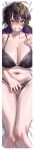  1girl absurdres blush bra breasts brown_dust_(series) brown_dust_2 cleavage clenched_teeth embarrassed full-face_blush groin hair_between_eyes hashtag-only_commentary highres large_breasts loen_(brown_dust) looking_at_viewer lying medium_hair miltto navel on_back on_bed open_mouth panties plump purple_bra purple_eyes purple_hair purple_panties short_twintails solo stomach tall_image teeth twintails underwear underwear_only 