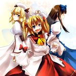  absurdres back-to-back blonde_hair fairy_wings fang highres holding_hands k2isu locked_arms luna_child multiple_girls open_mouth smile star_sapphire sunny_milk touhou wings 