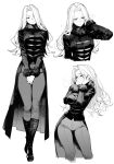  ai-generated blush boots breasts commentary_request drowsy_sheep full_body fur-trimmed_sleeves fur_collar fur_trim greyscale hand_in_own_hair hands_on_own_face highres knee_boots large_breasts long_coat long_hair long_legs mature_female methode_(sousou_no_frieren) monochrome multiple_views narrow_waist own_hands_together pants skin_tight slim_legs sousou_no_frieren standing 