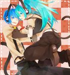  1girl animal_ears aqua_eyes aqua_hair blue_eyes blue_hair cat_ear_headphones cat_ears cat_tail fang gloves hatsune_miku headphones hiyoyogi kaito long_hair nyan_ko_(module) paw_gloves paws project_diva project_diva_(series) suspenders tail twintails vocaloid wince 